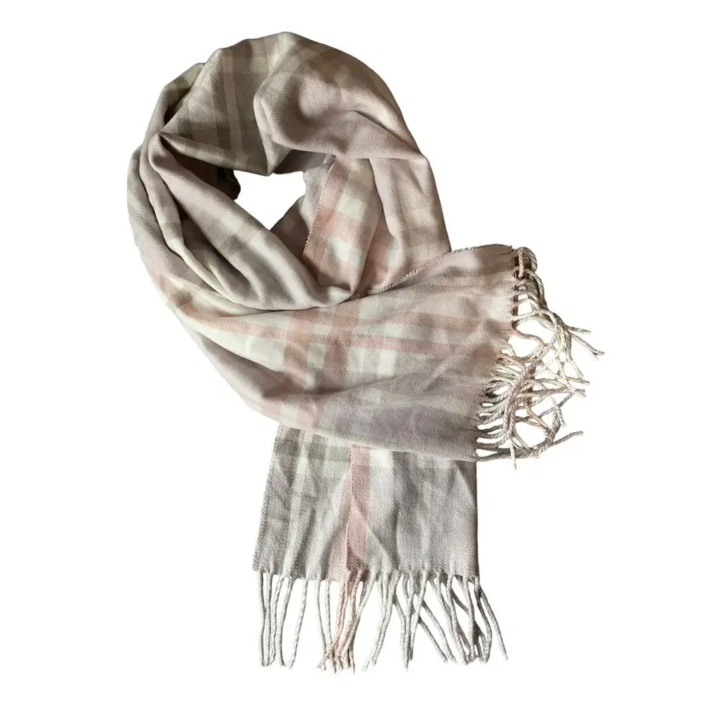 Cashmere Feel White Gray Plaid Acrylic Fringe Rectangle Scarf 12
